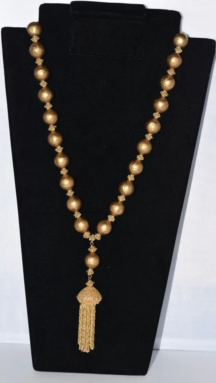 Crown Trifari 1950's Gold Faux Pearl Beaded Tassel Couture Statement Necklace